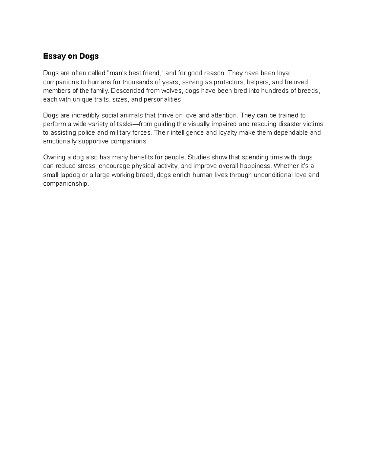 Essay on Dogs: The Loyal Companions of Humanity - Studocu