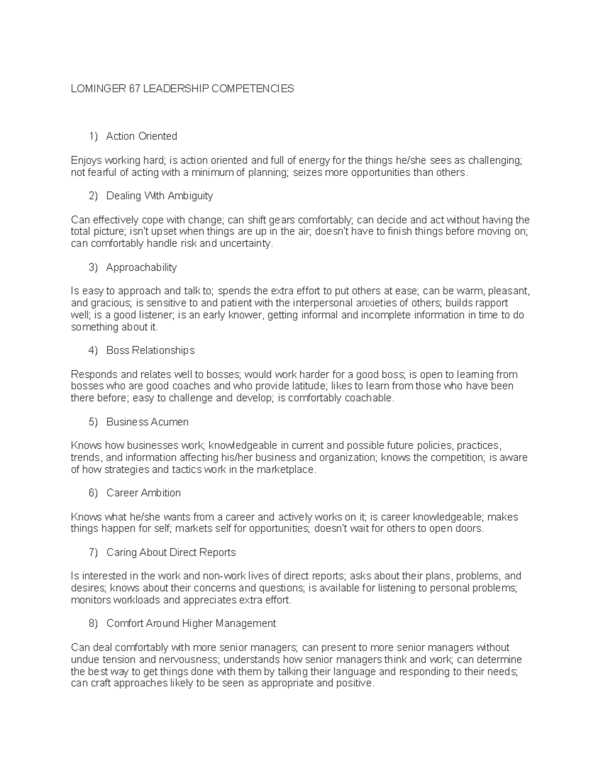 Lominger 67 Leadership Competencies Overview and Insights - Studocu