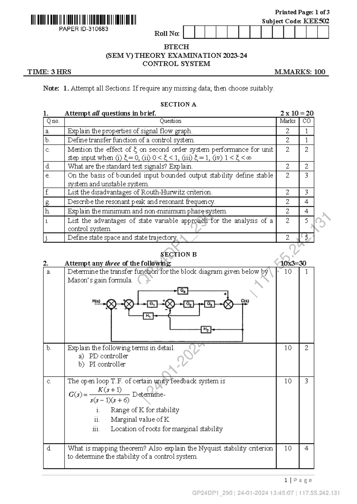 BTECH (SEM V) KEE502 Control Systems Theory Exam Notes - Studocu