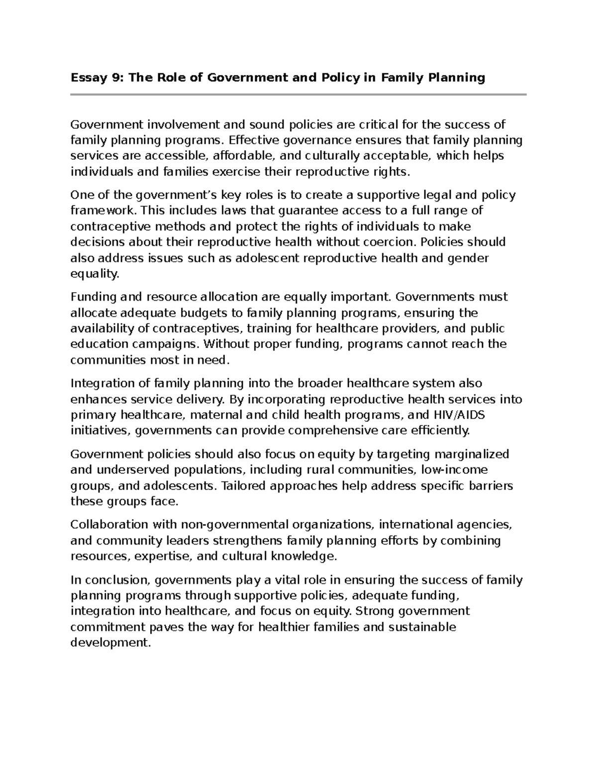 Essay 9: Government Policies and Their Impact on Family Planning - Studocu
