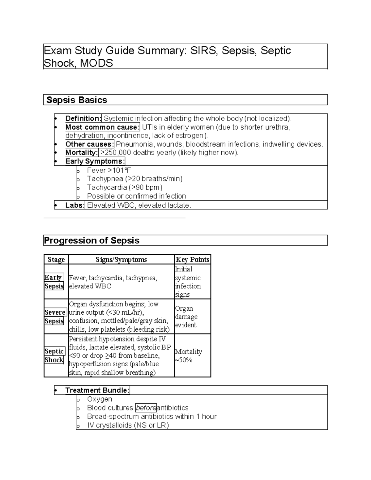 SIRS and MODS Exam Study Guide: Key Concepts and Treatments - Studocu