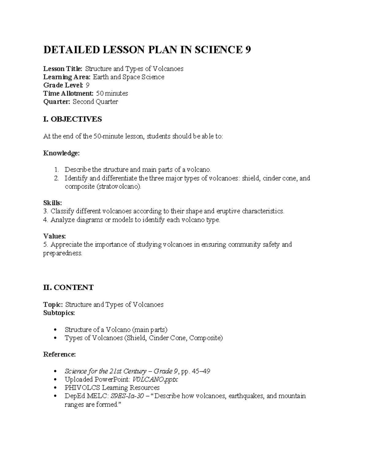 Detailed Lesson Plan: Structure & Types of Volcanoes (Science 9) - Studocu