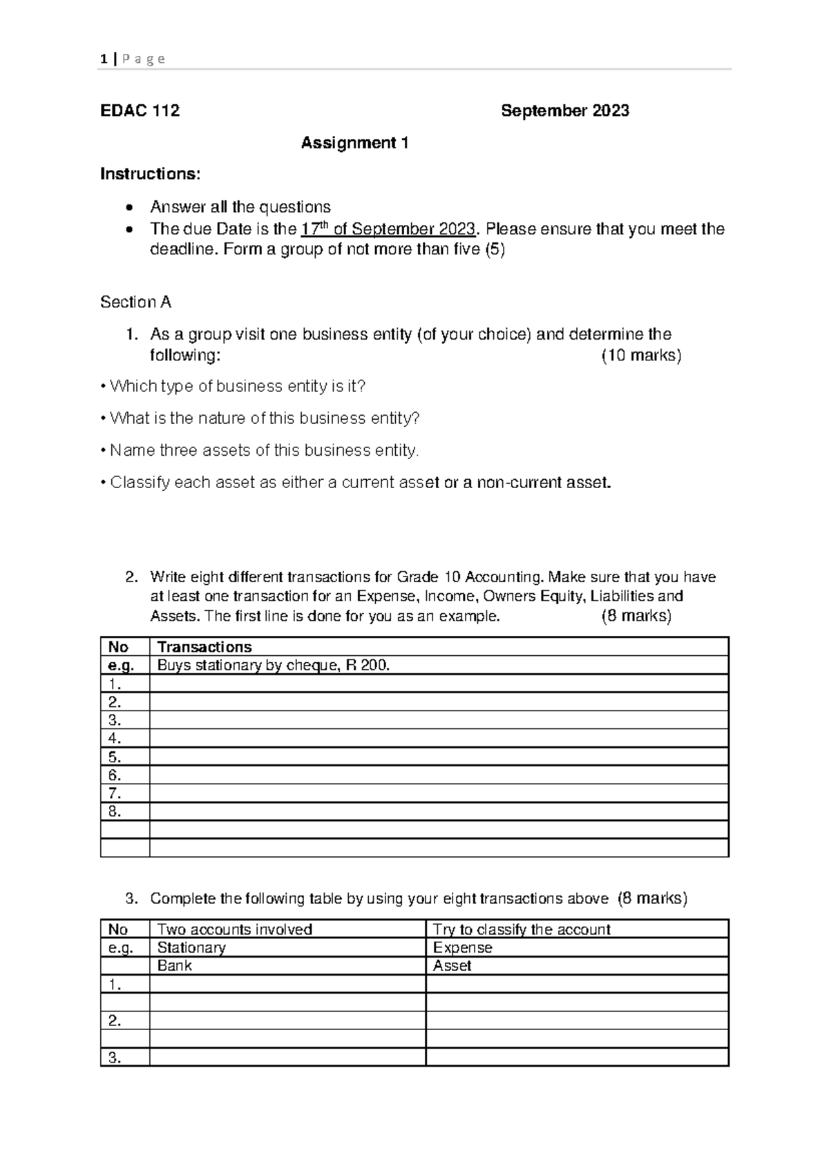 EDAC 112 Assignment 1 - Group Project Guidelines for Sept 2023 - Studocu