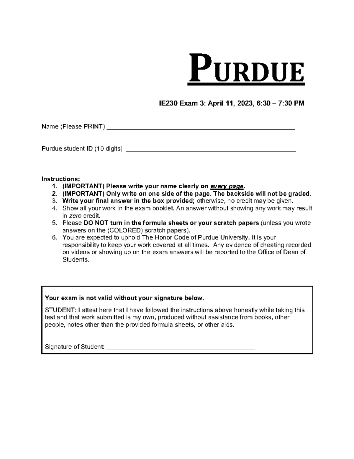Exam 3: IE 230 Spring 2023 - Detailed Instructions and Questions - Studocu
