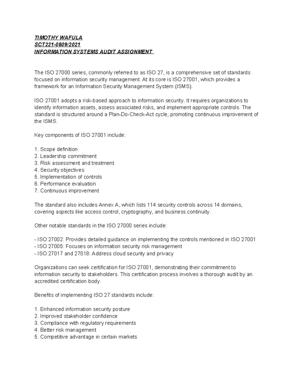 Information Systems Audit Assignment - TIMOTHY WAFULA SCT221-0809 ...