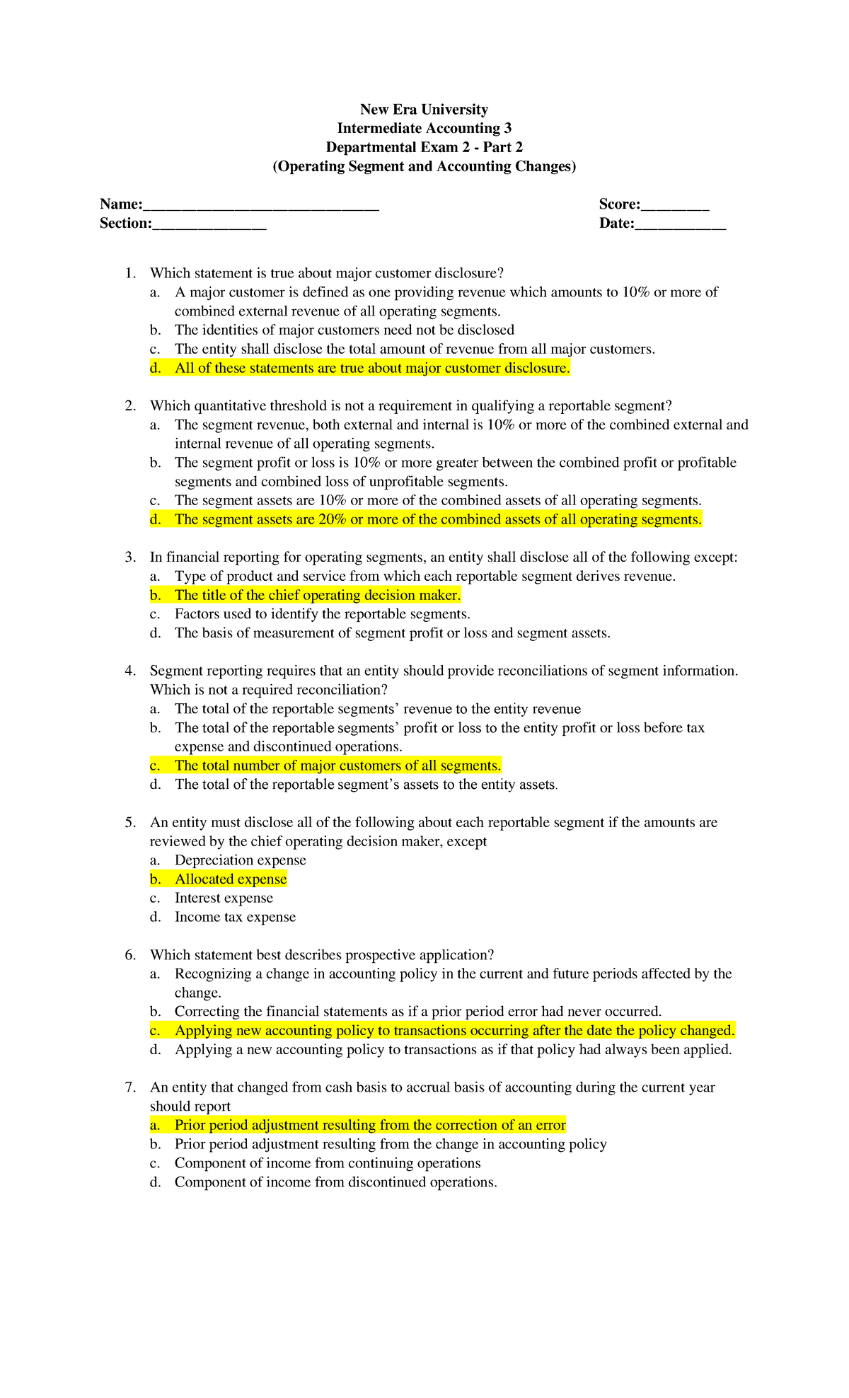Intermediate Accounting 3 - Quiz No. 2 Part B Answer Key (Chapters 8 ...