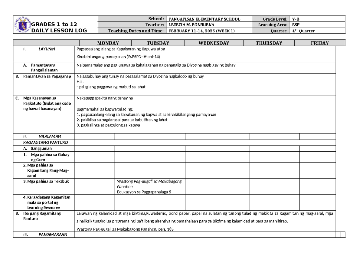 Grade 5 DLL ESP 5 Q4 Week 1 - GRADES 1 to 12 DAILY LESSON LOG School ...