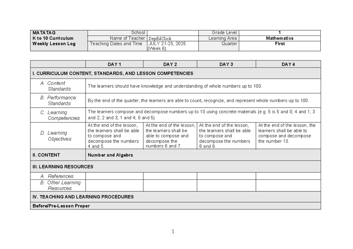 MATH-1-DLL-1 Q1 W6 - Weekly Lesson Plan on Composing & Decomposing ...