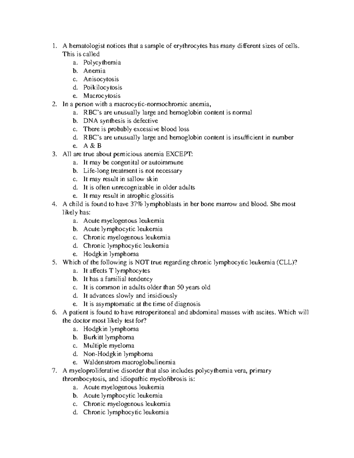 Exam 4 Practice Questions: Hematology and Oncologic Disorders - Studocu