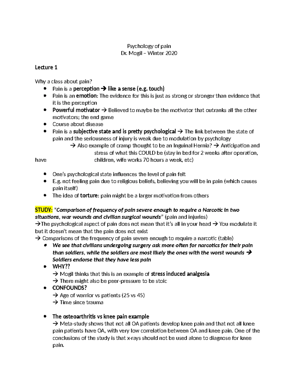 PSYC 302 Midterm 1 Notes: Understanding Pain in Psychology - Studocu