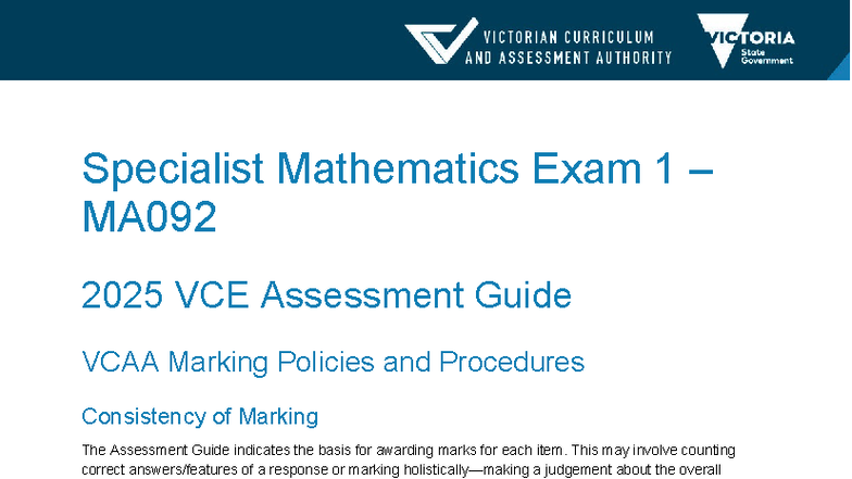 2025 VCE MA092 Specialist Mathematics Exam 1 Assessment Guide - Studocu