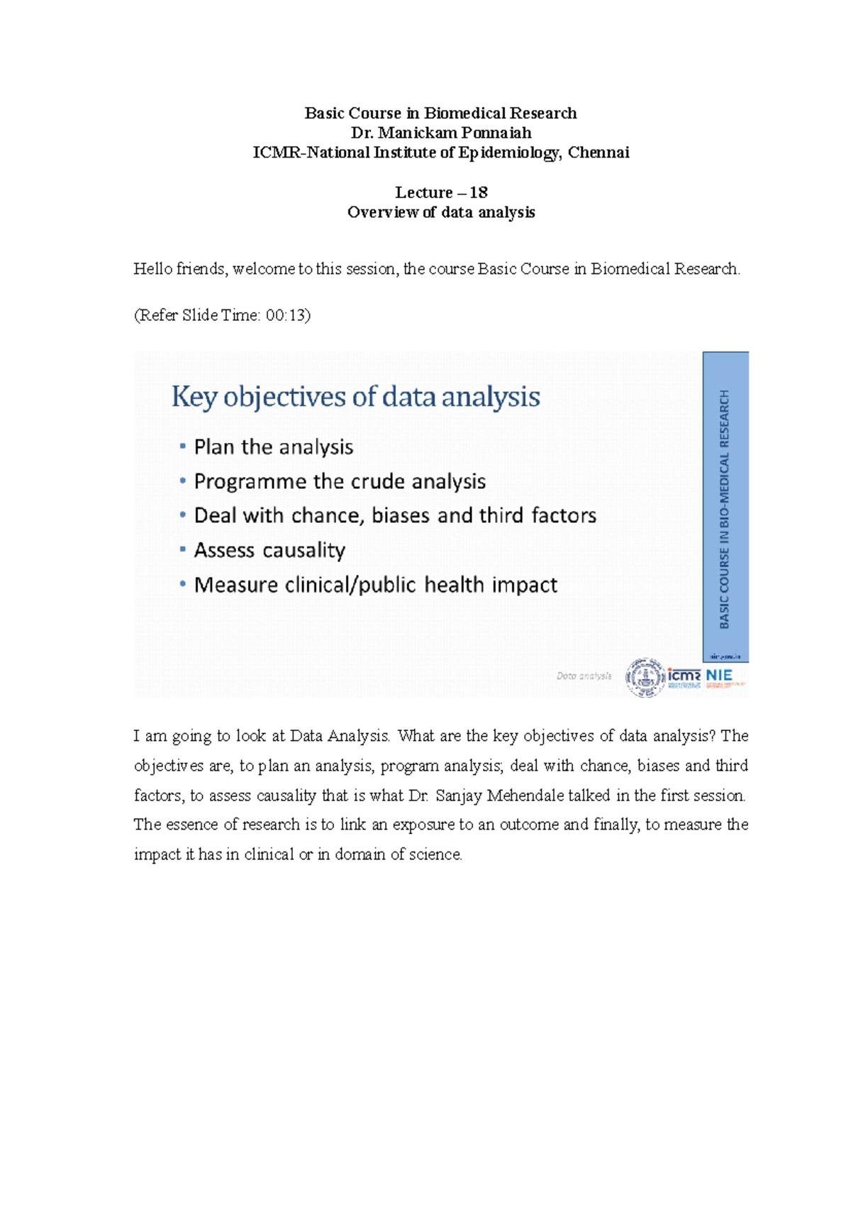 Lec-18 Overview of data analysis - Basic Course in Biomedical Research ...