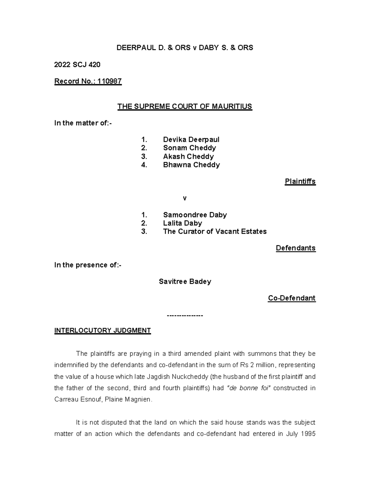 Deerpaul D. & Ors v Daby S. & Ors - Interlocutory Judgment Analysis ...