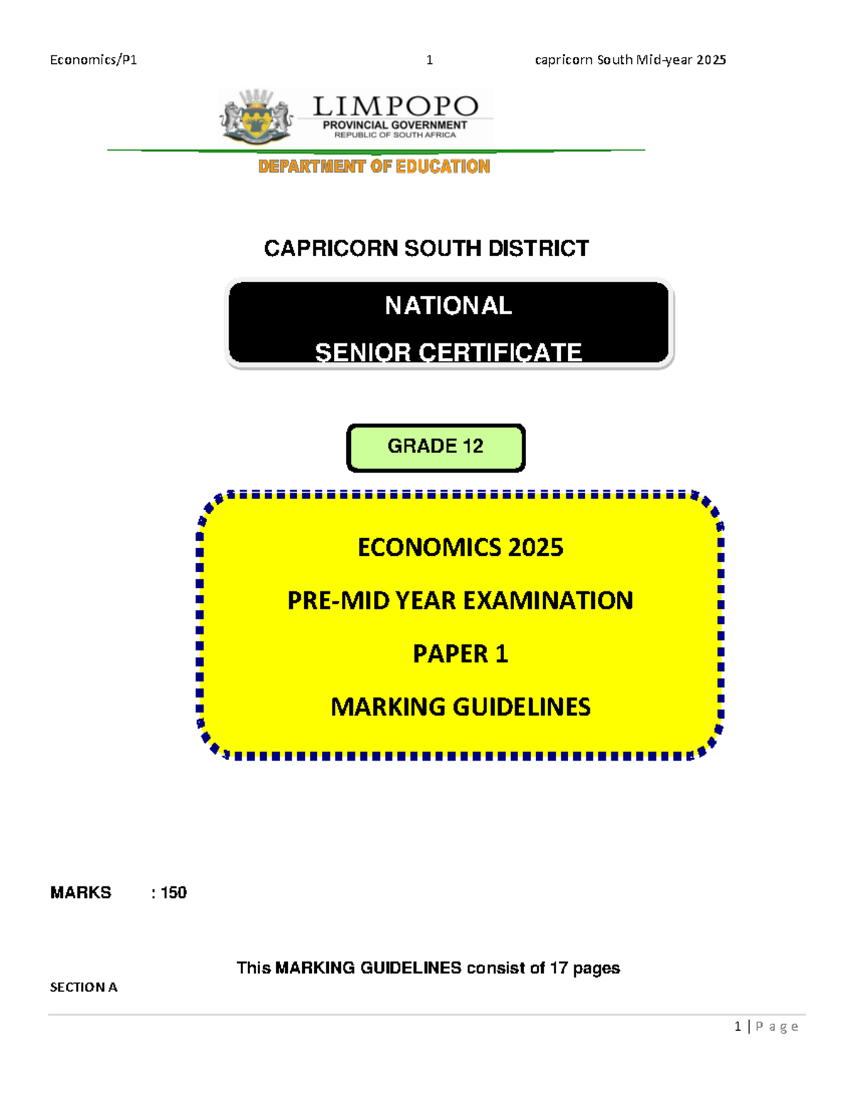 Capricorn South 2025 Grade 12 Economics Year Exam Paper 1 Marking ...