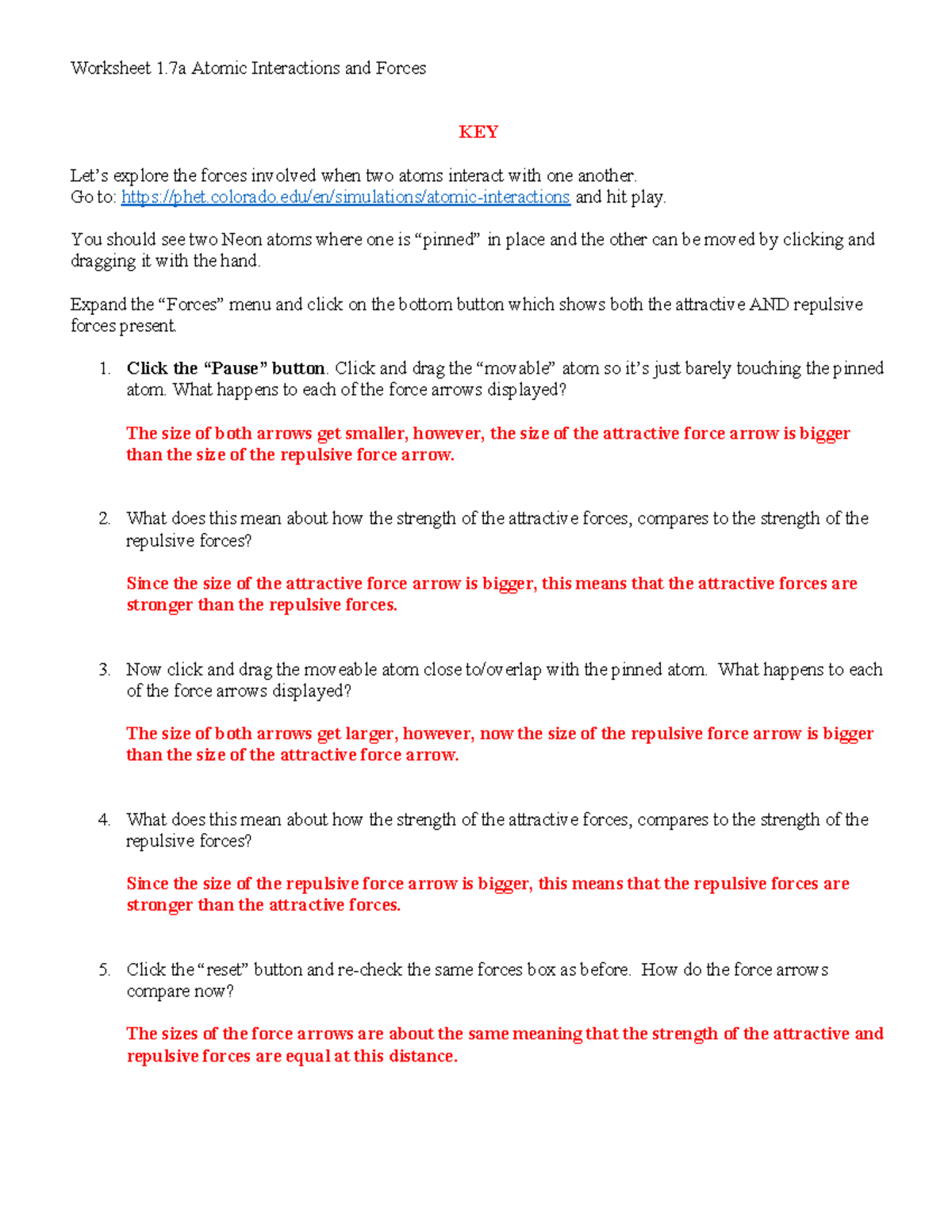 Worksheet 1.7a: Key Insights on Atomic Interactions and Forces - Studocu