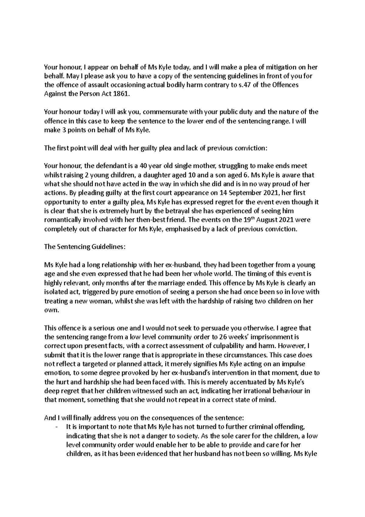 BPC Mitigation Plea - Case of Ms. Kyle: Sentencing Overview - Studocu