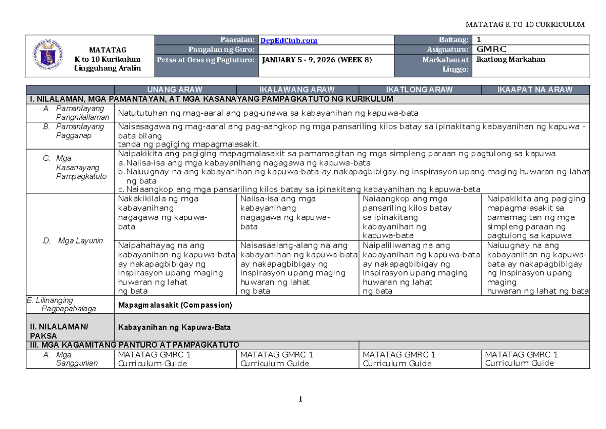 MATATAG K TO 10 CURRICULUM GMRC 1 Q3 W8 - SUMMATIVE TEST - Studocu