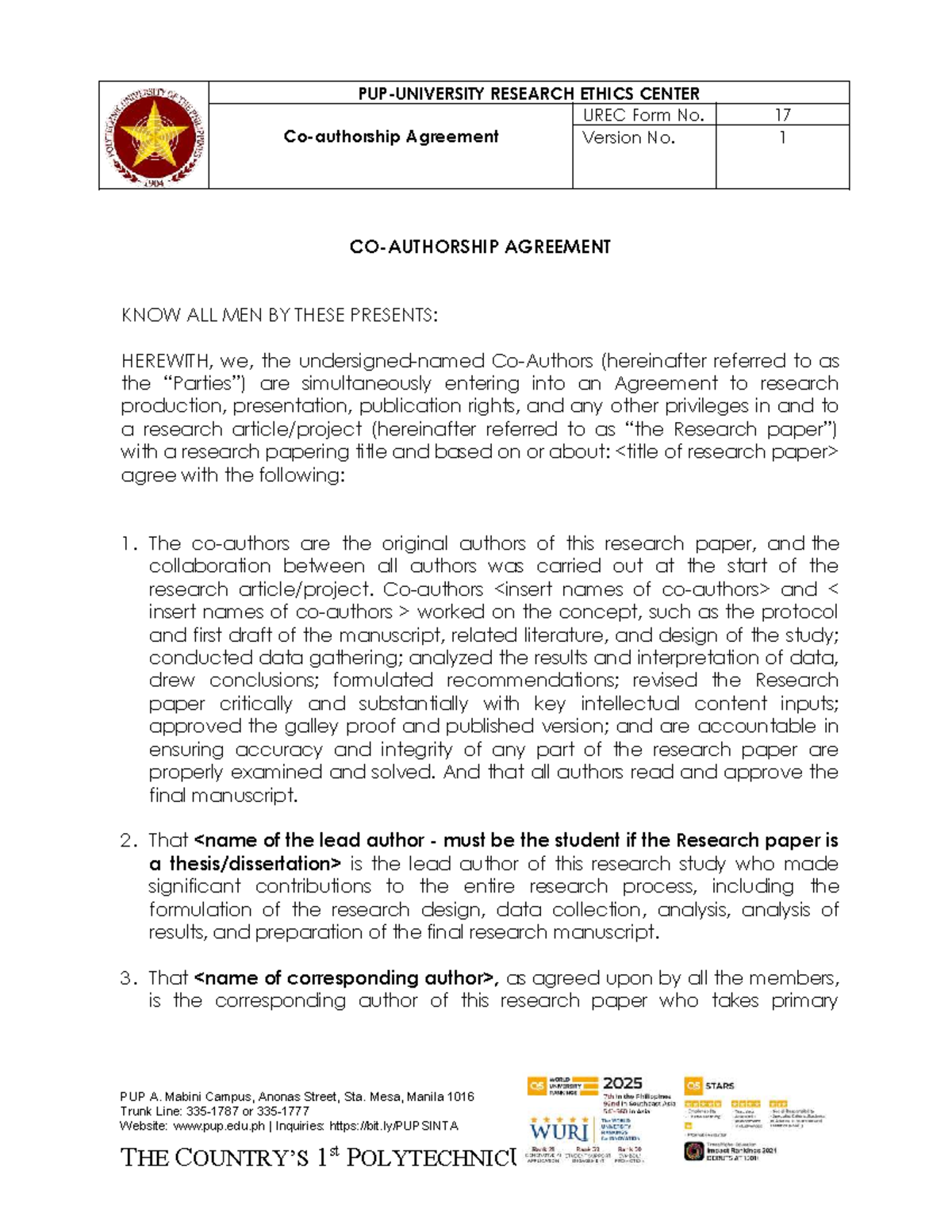 PUP Research Ethics Agreement Form No. 17: Author Responsibilities ...