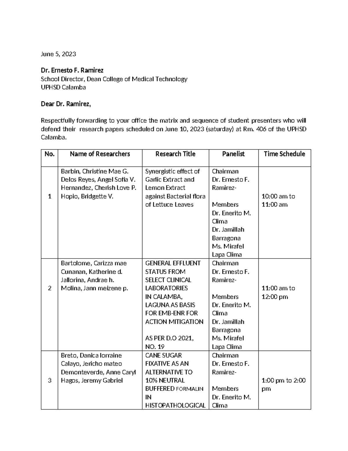 Matrix Template for Student Research Defense Schedule - June 2023 - Studocu