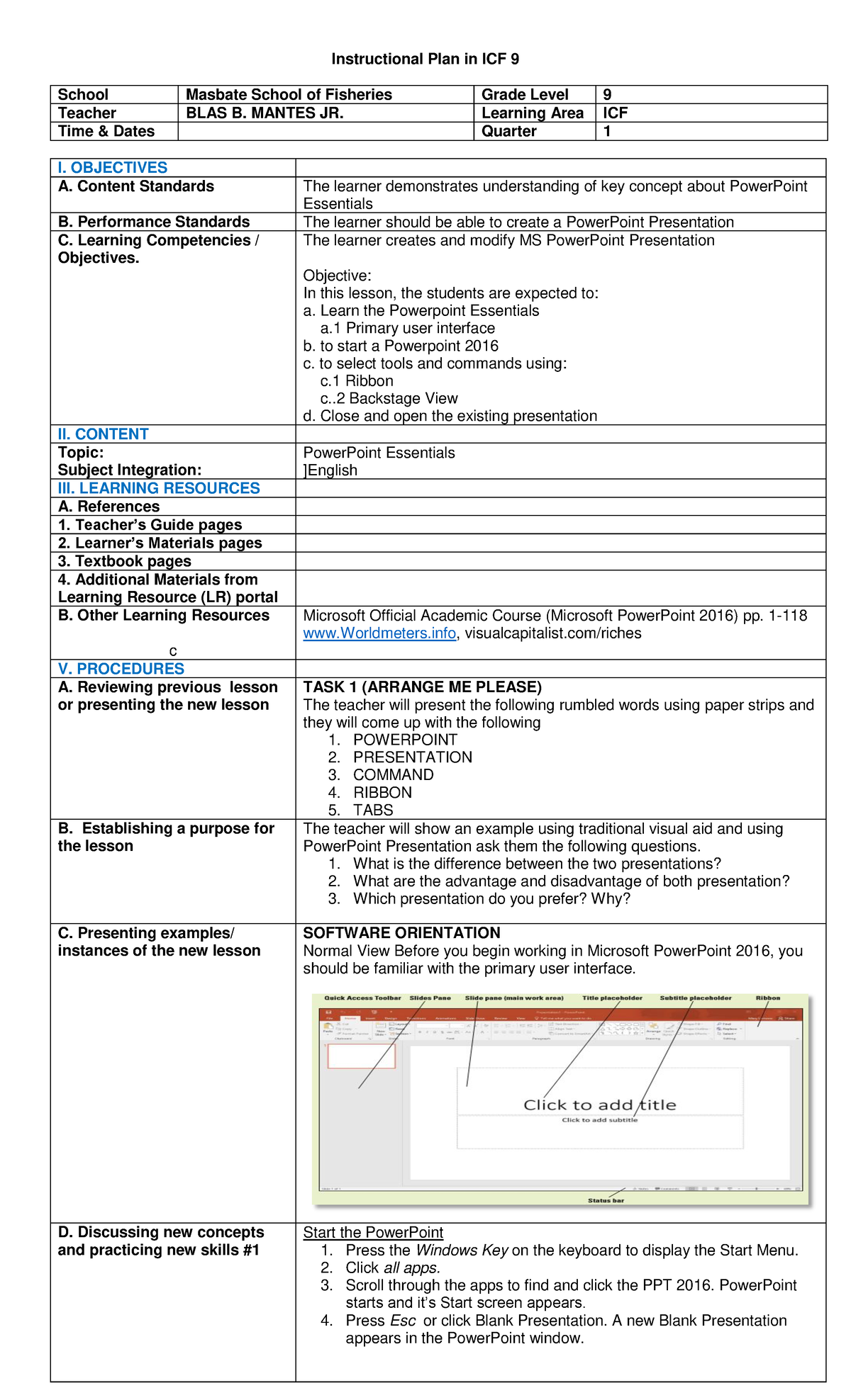 ICF 9 PowerPoint Essentials Instructional Plan for Quarter 1 - Studocu