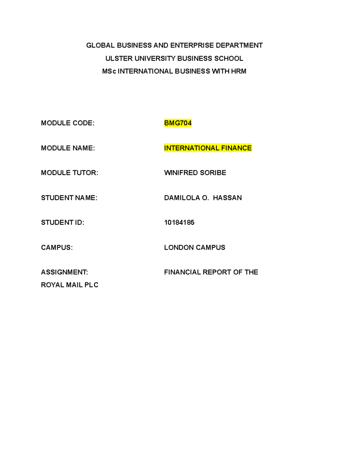 Financial Report on Royal Mail PLC for BMG Module - Studocu