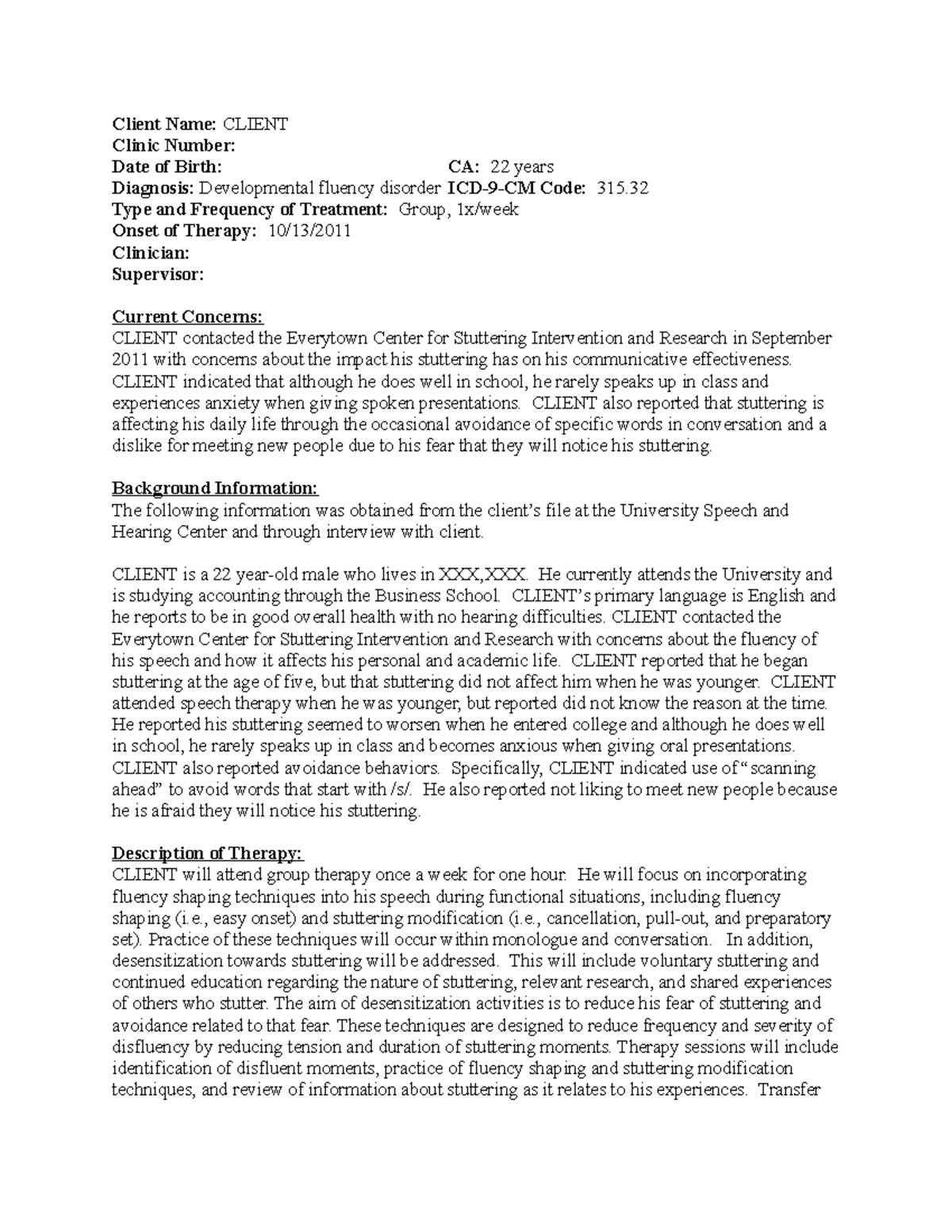 Case study 2 LSU Notes + Information - Client Name: CLIENT Clinic ...
