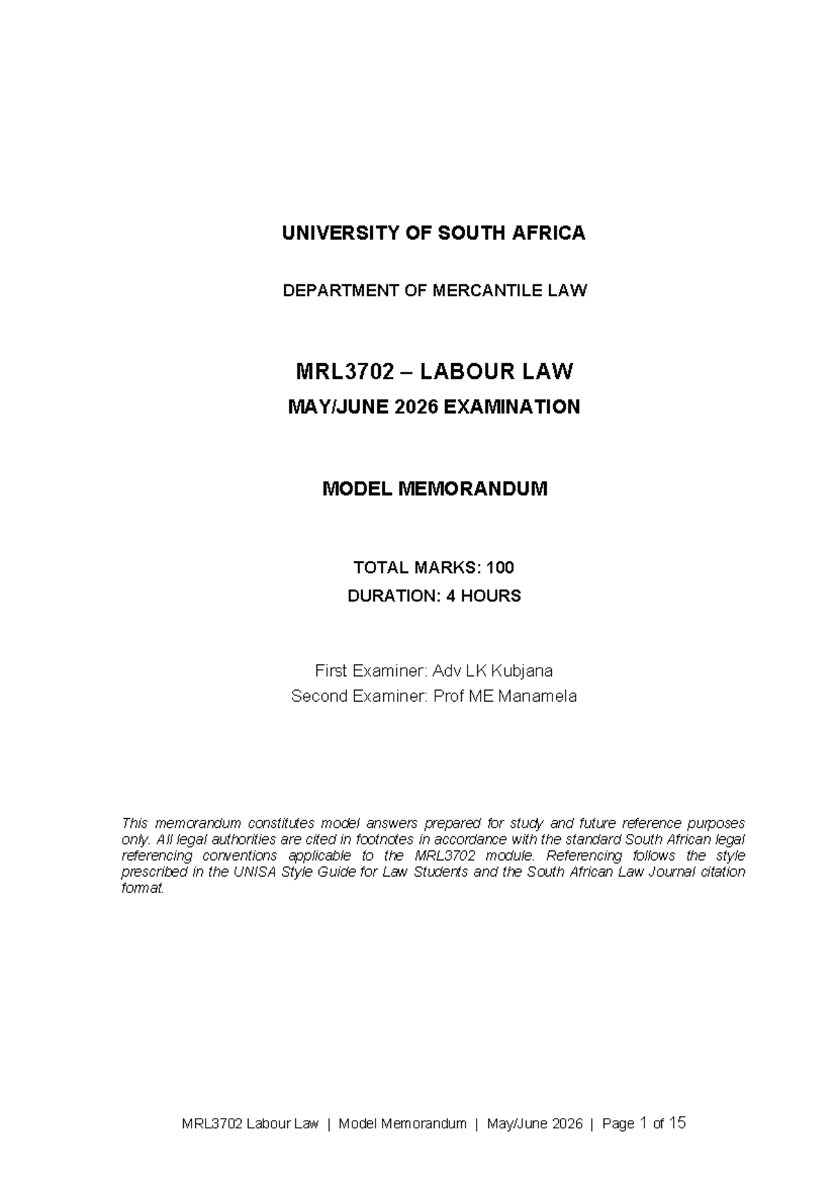 MRL3702 Labour Law Model Memorandum 2026: Comprehensive Exam Guide ...