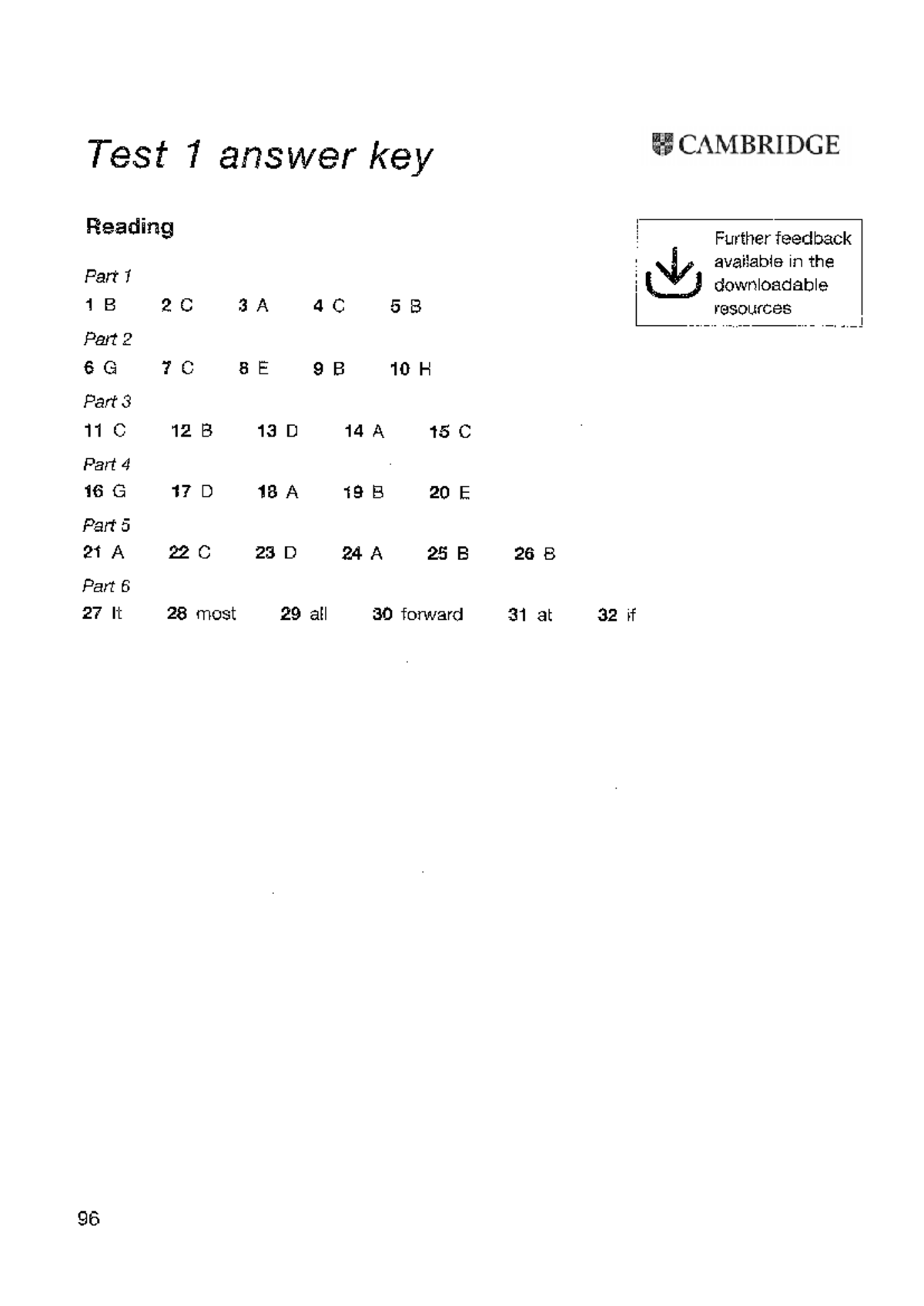 Test 1 & 2 Answer Keys: Cambridge Reading & Listening Feedback - Studocu