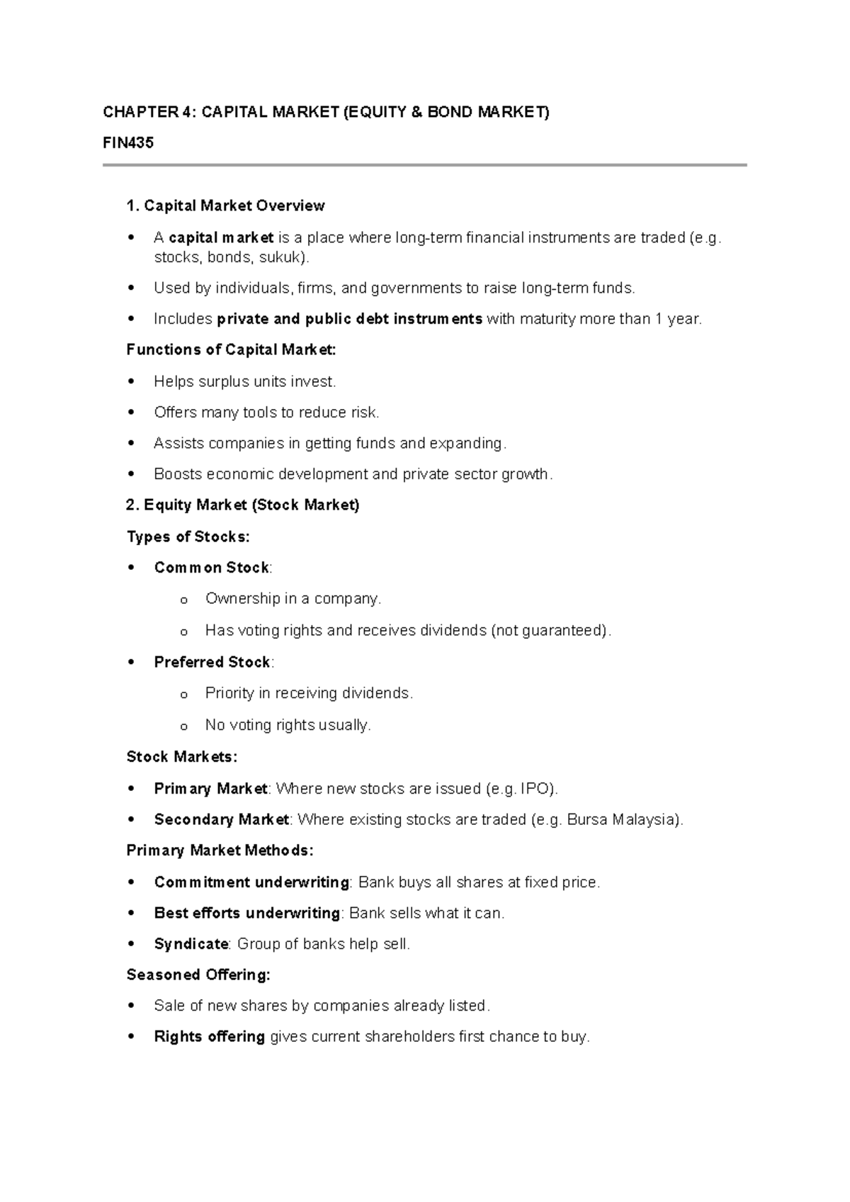 FIN435 Final Test Notes: Capital & Equity Markets Overview - Studocu