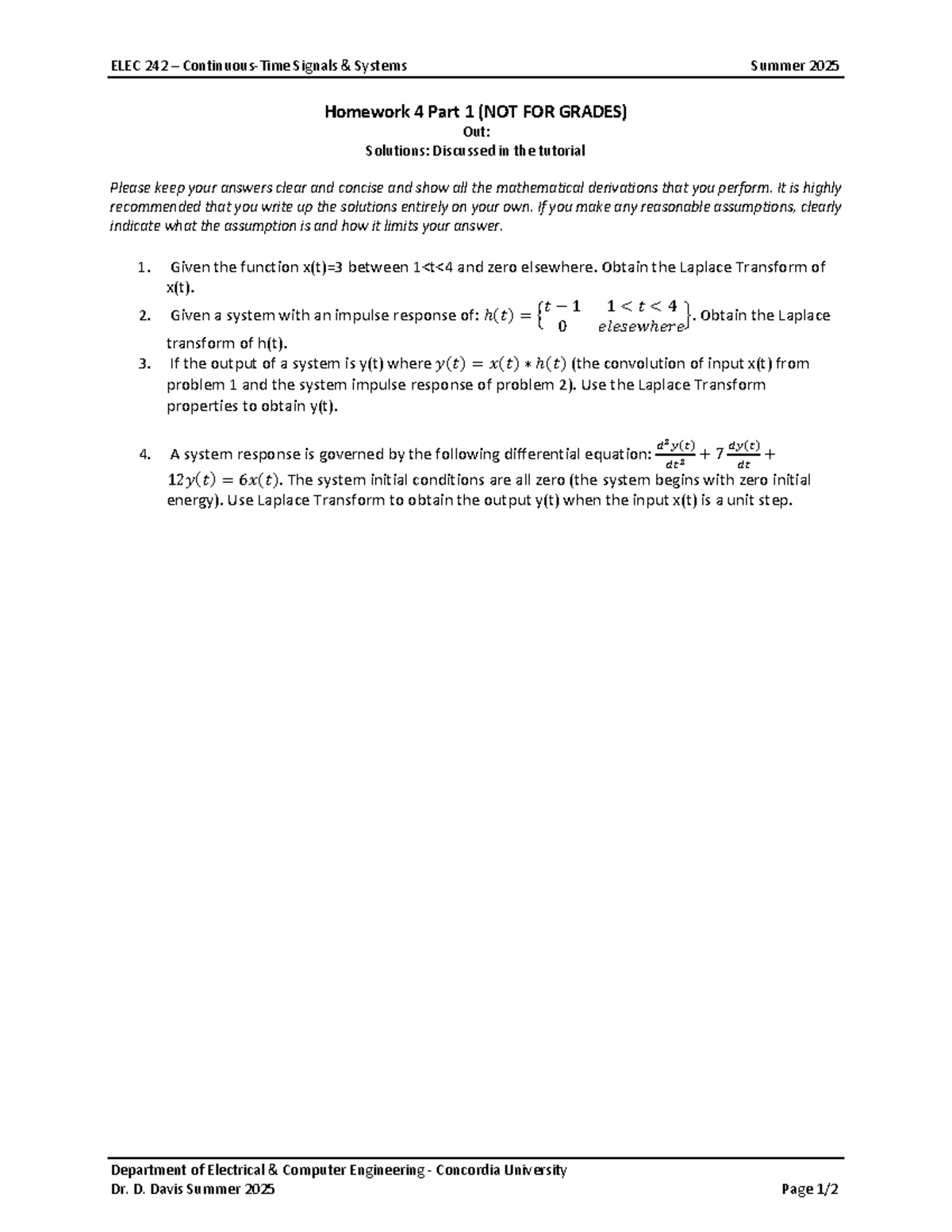 ELEC 242 Signals & Systems Summer 2025 Homework 4 Solutions - Studocu