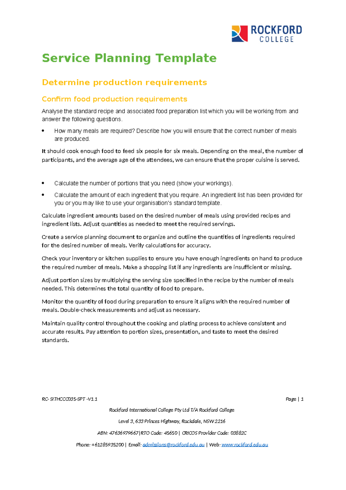 SITHCCC 035 Service Planning Template for Meal Production - Studocu