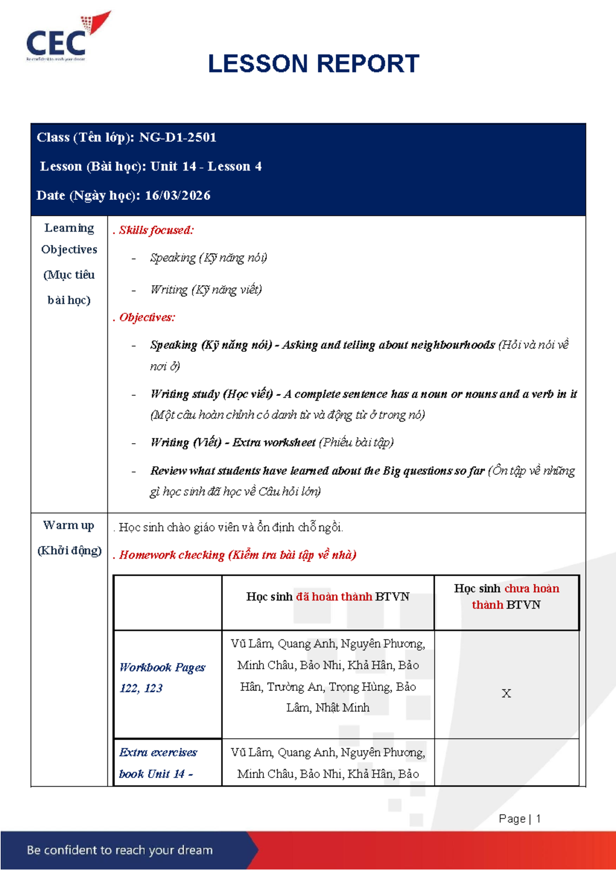 Lesson Report NG-D1-2501: Unit 14 Lesson 4 Overview - Studocu