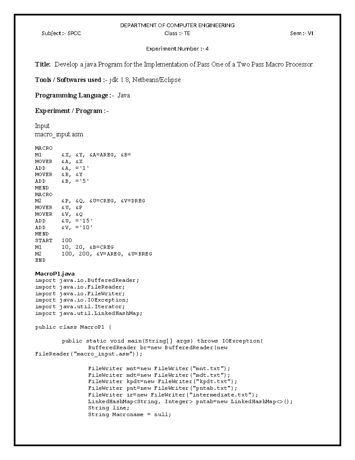 SPCC Sem VI Experiment 4: Java Program for Pass One Macro Processor ...