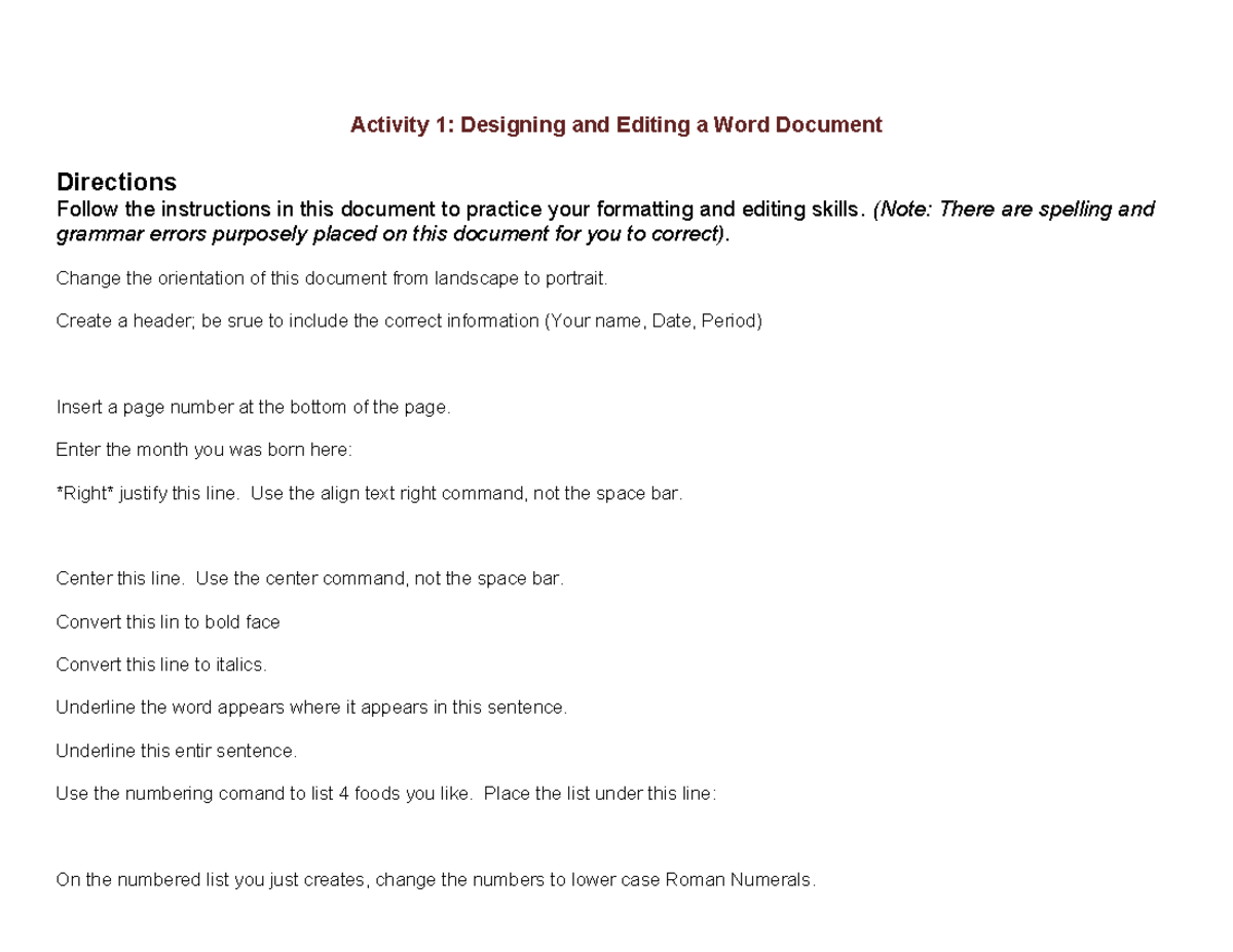 Activity 1: Editing and Designing a Word Doc (Word Skills Practice ...