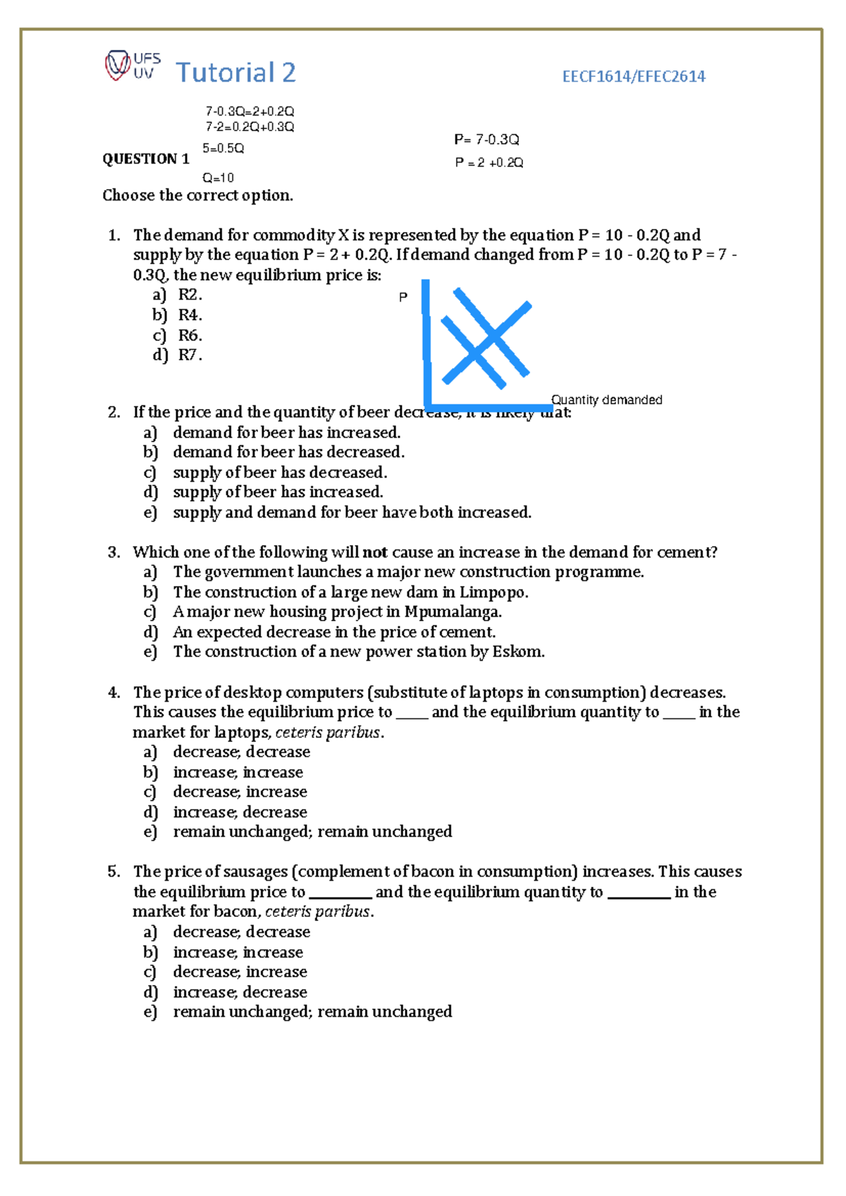 TUTORIAL WORK 2 - QUESTION 1 Choose the correct option. The demand for ...