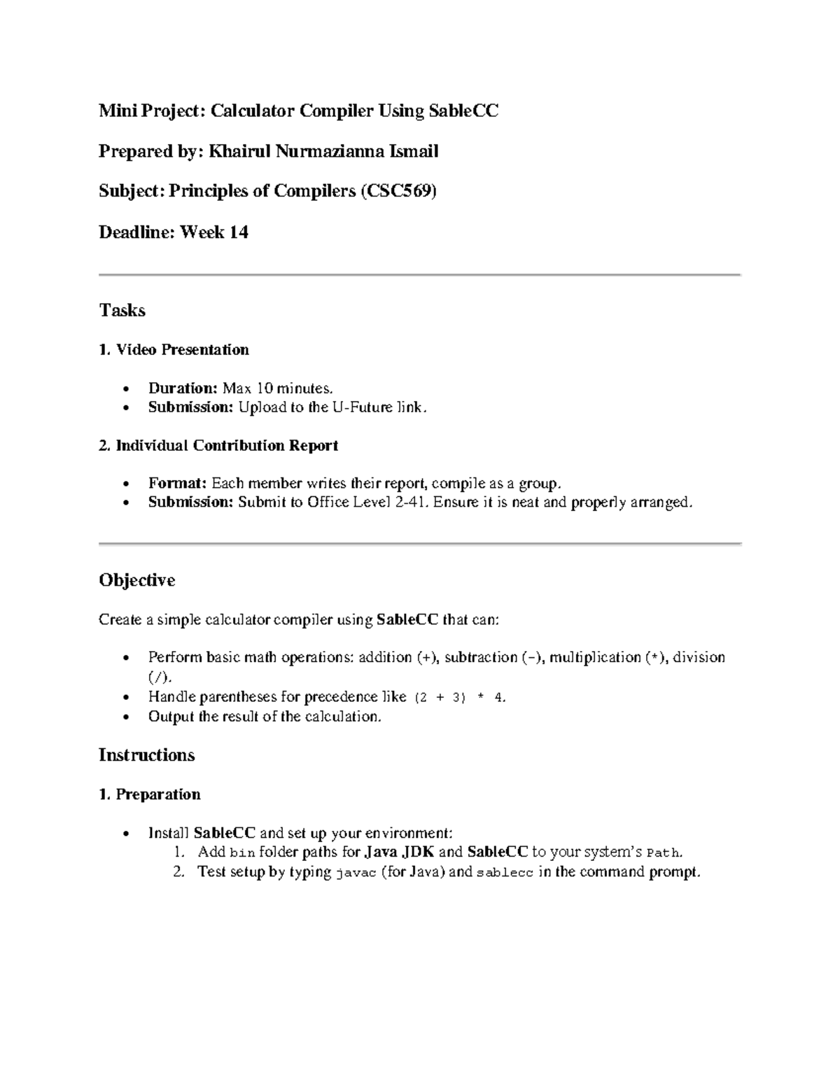 Calculator Compiler Mini Project Report - CSC569 OCT2024 - Studocu