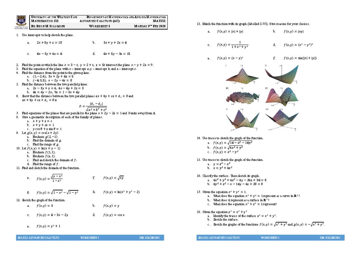 MAT211 Advanced Calculus Worksheet 1 Monday 3 February 2020 - MAT211 ...