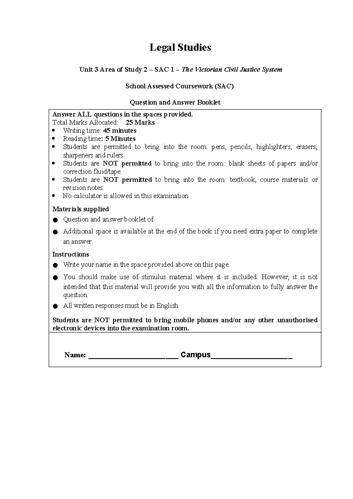 2024 Legal Studies Unit 3 AOS 2 SAC Exam: Victorian Civil Justice ...