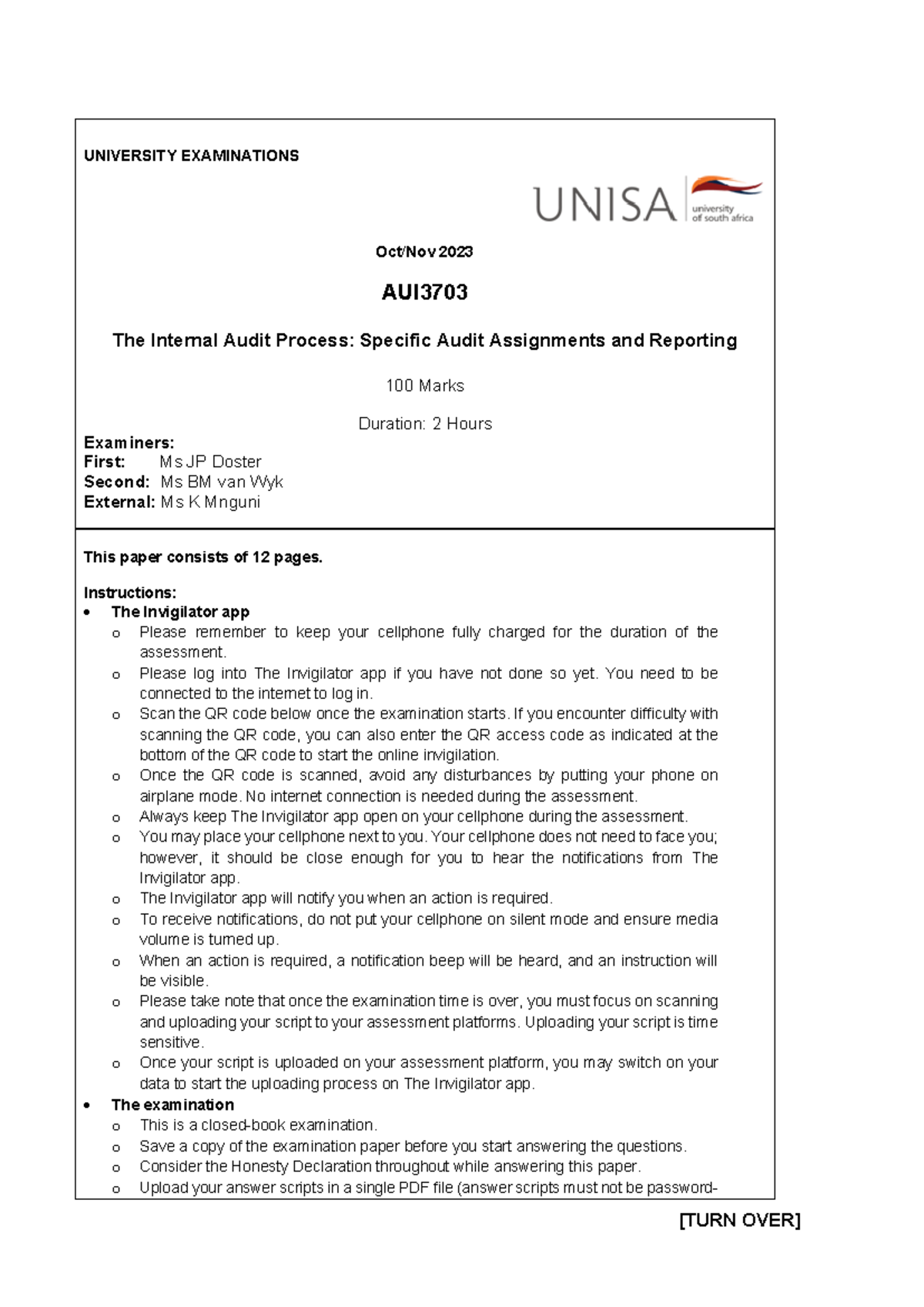 AUI3703 Final Exam 2023: Internal Audit Process & Reporting Guidelines ...