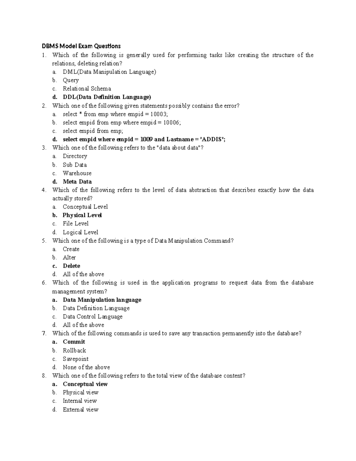 DBMS 101 Model Exam Questions and Answers for Review - Studocu