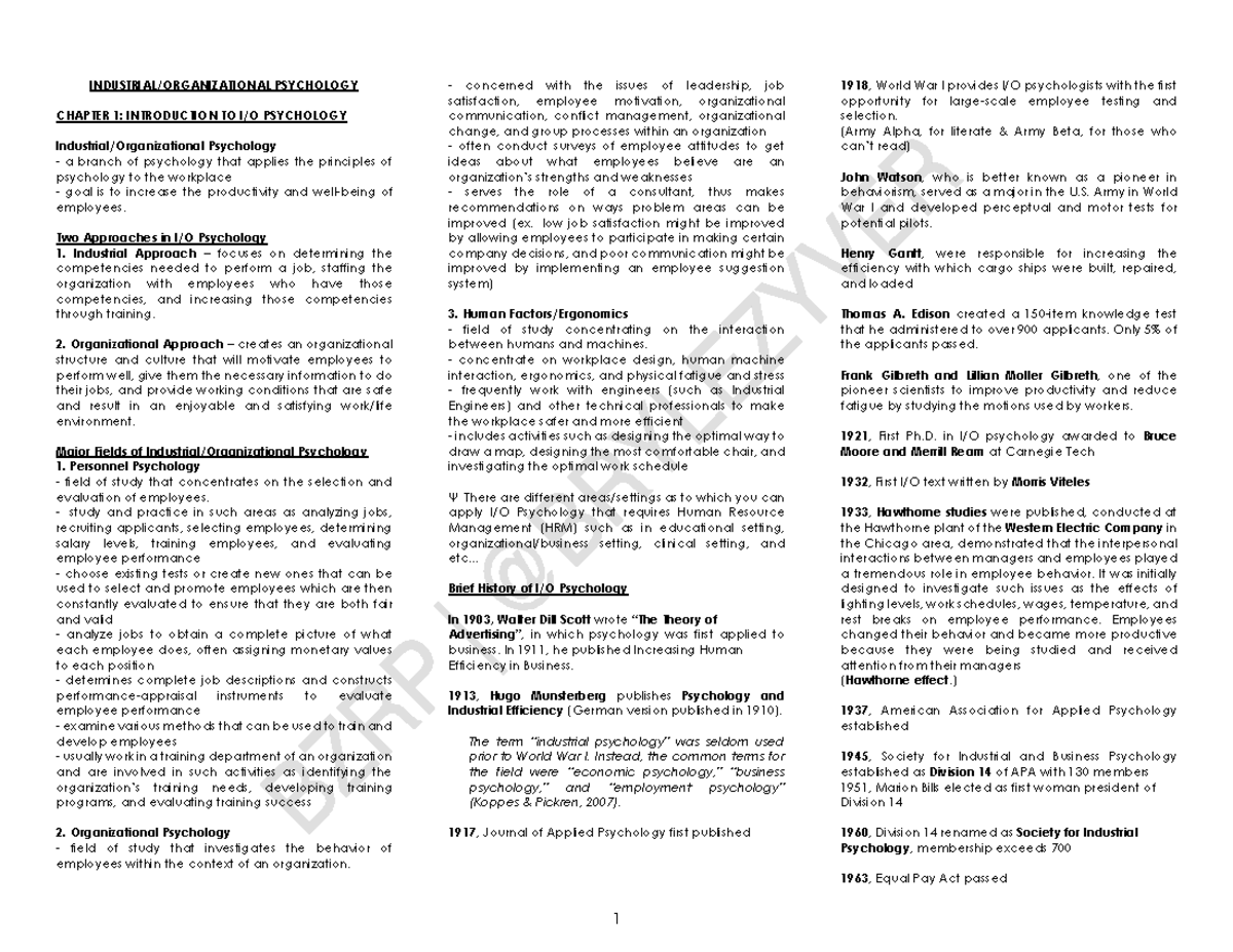 I-O PSY 101 Lecture Notes: Understanding Industrial Psychology Concepts ...