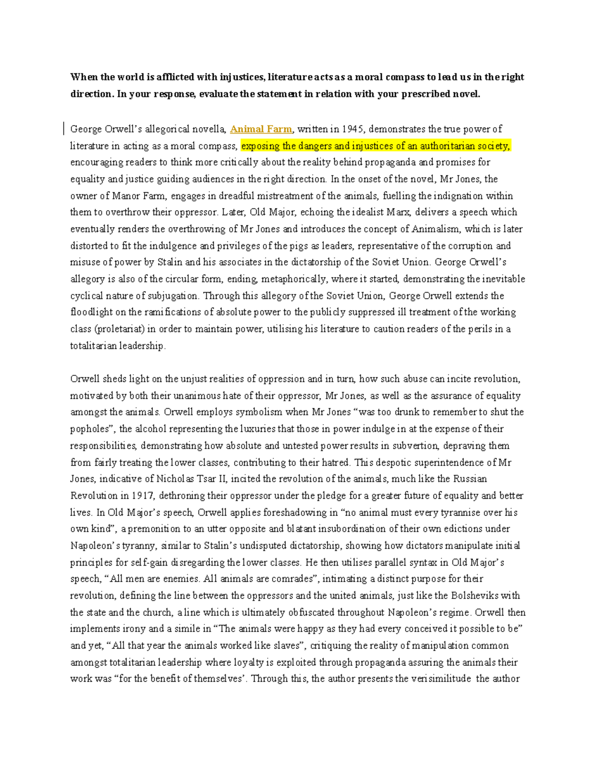Essay on Animal Farm: Literature as a Moral Compass in 1945 - Studocu