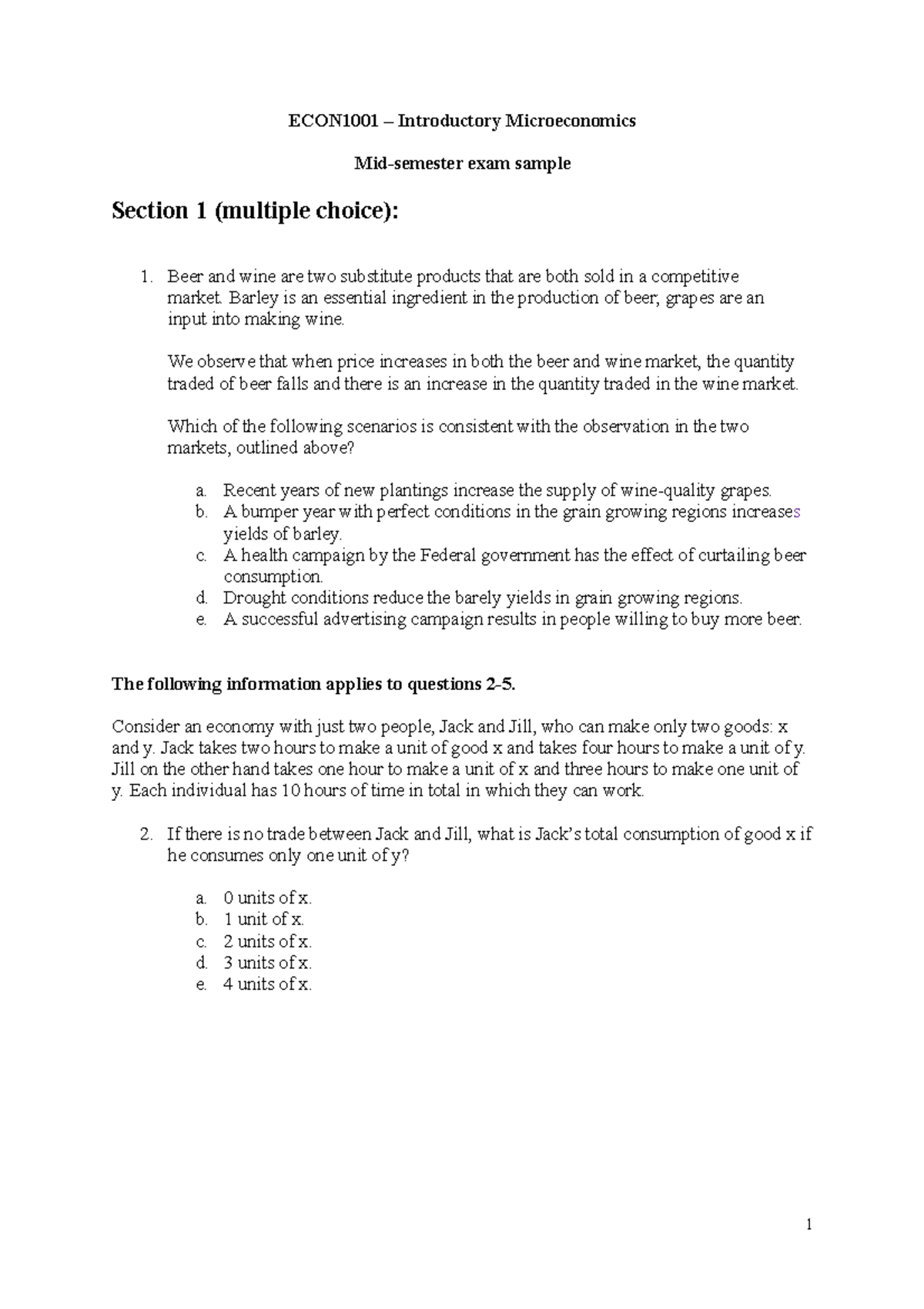 Midterm Exam Sample for ECON1001 - Intro to Microeconomics - Studocu