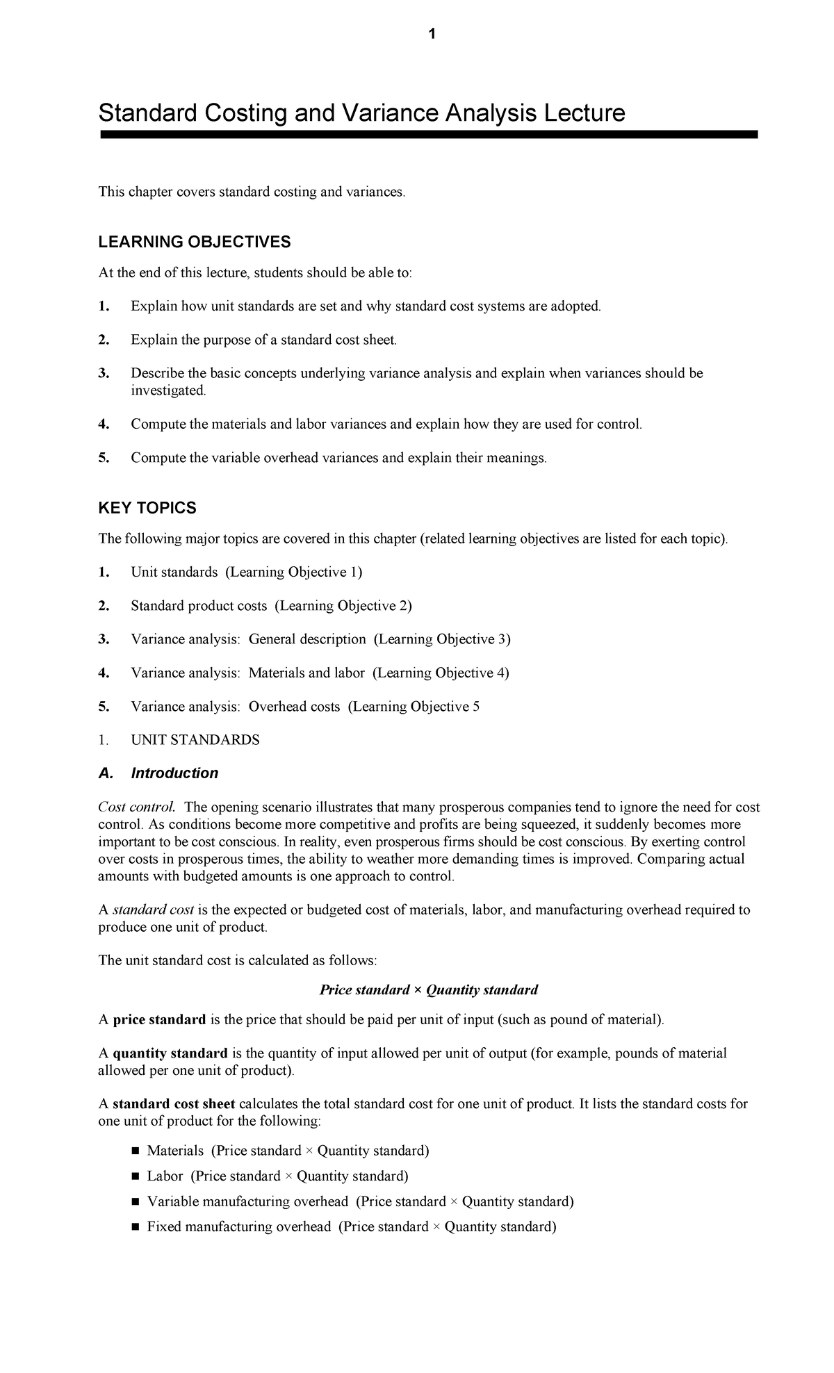 1 Standard Costing and Variance Analysis Lecture Notes - Studocu