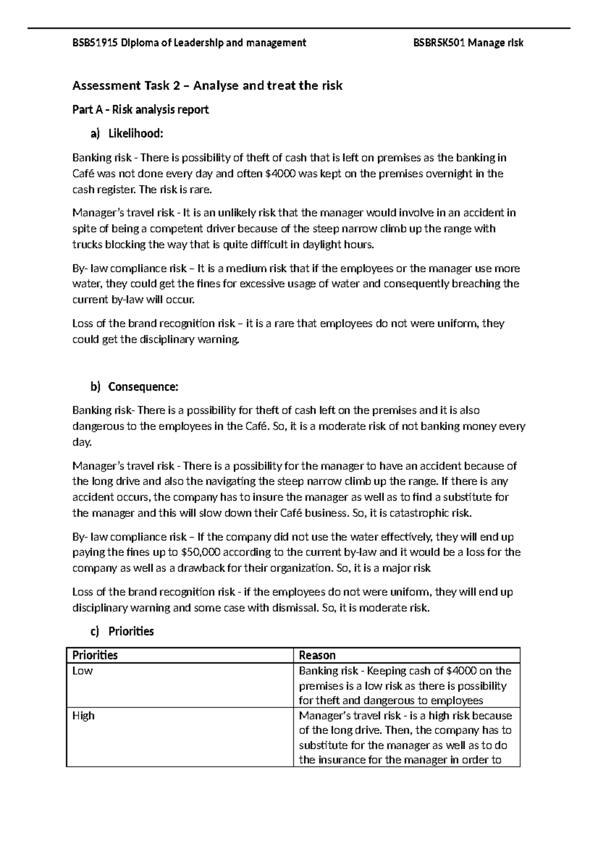 Assessment Task 2 Analyse and treat the risk part A - The risk is rare ...