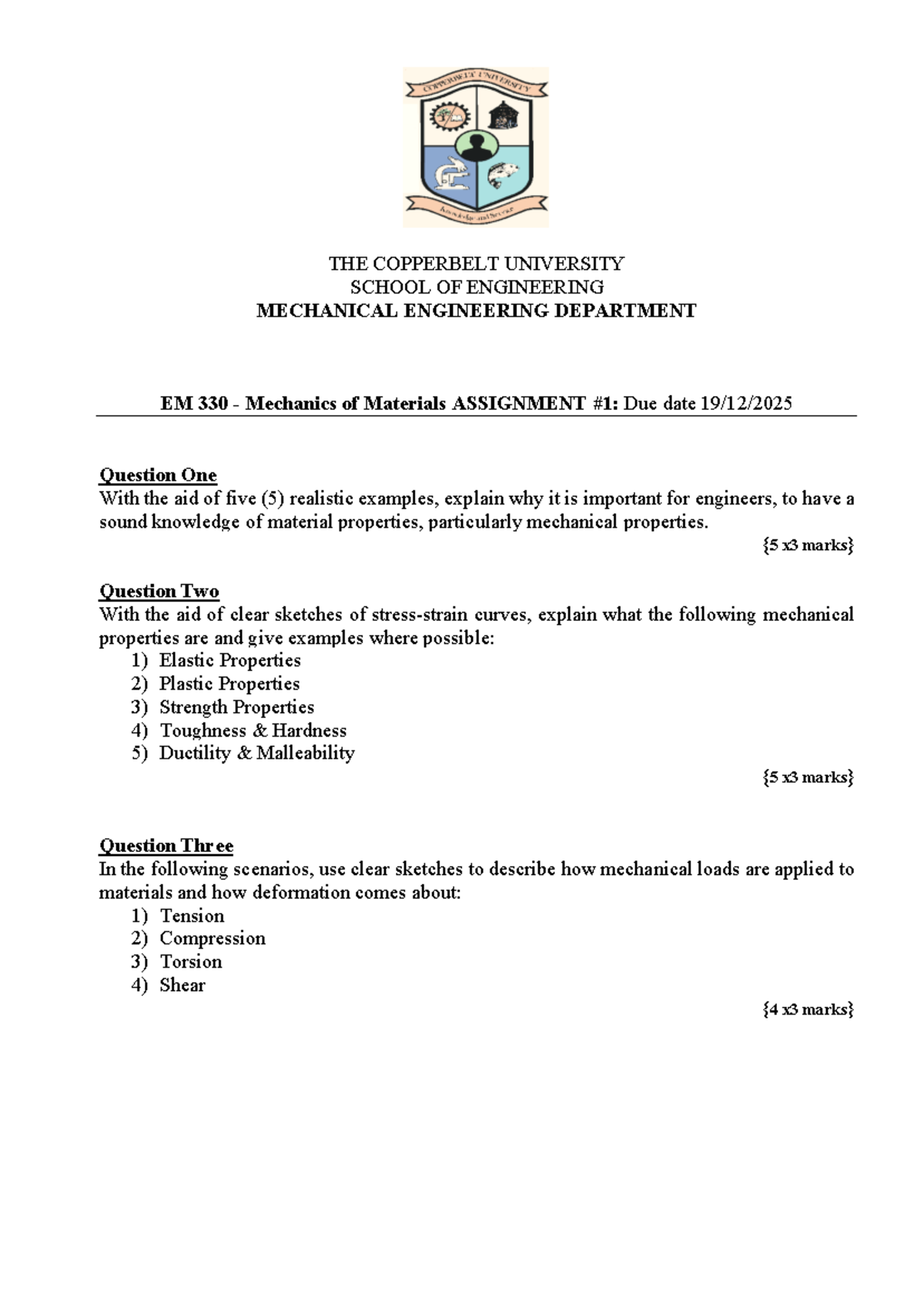 EM 330 Mechanics of Materials Assignment: Understanding Material ...