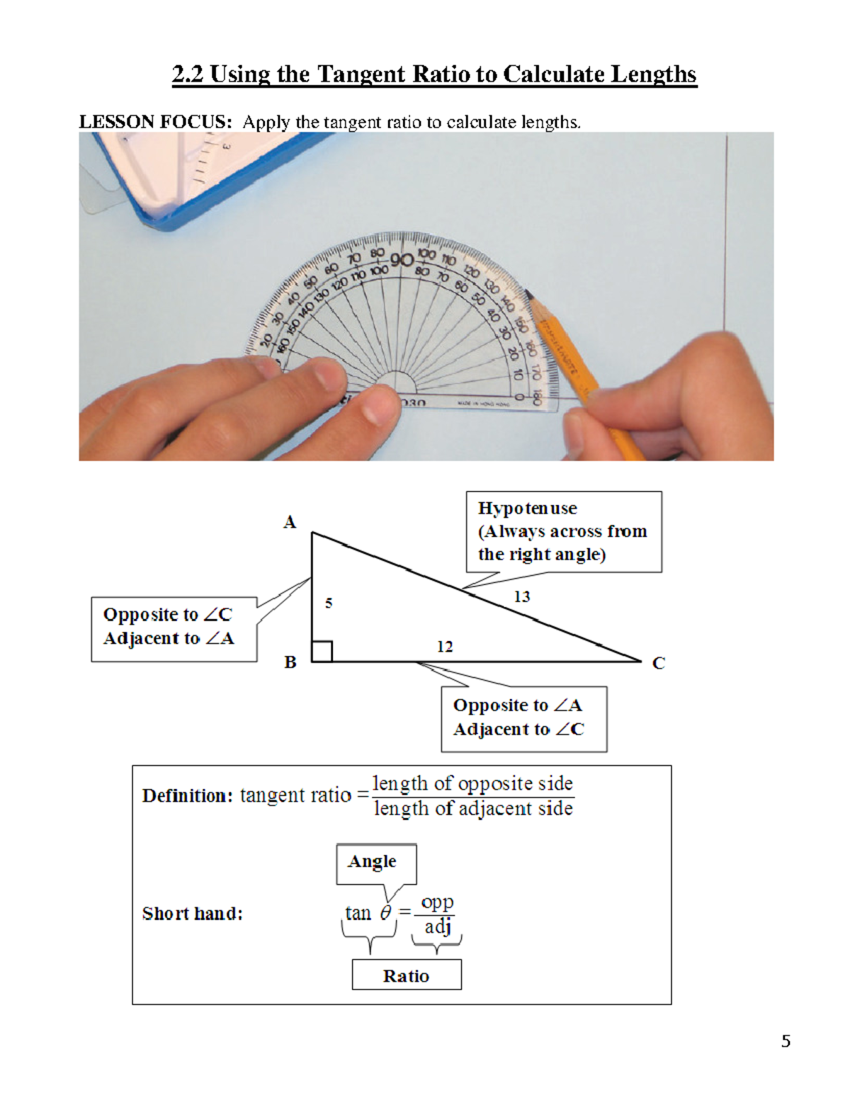 Chapter 2 Notes 2 5 7 - Hwhwhwhw - 5 2 Using the Tangent Ratio to ...