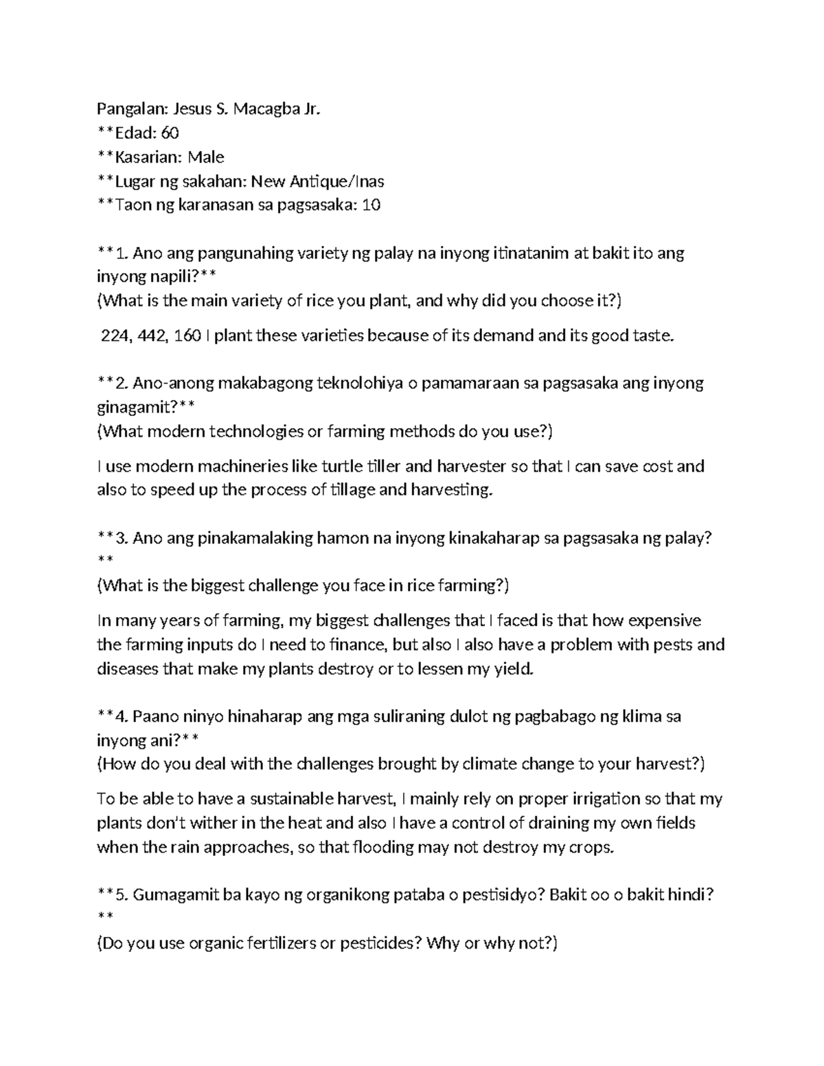 Questionnaire for Farmers 071712: Insights on Rice Farming Practices ...