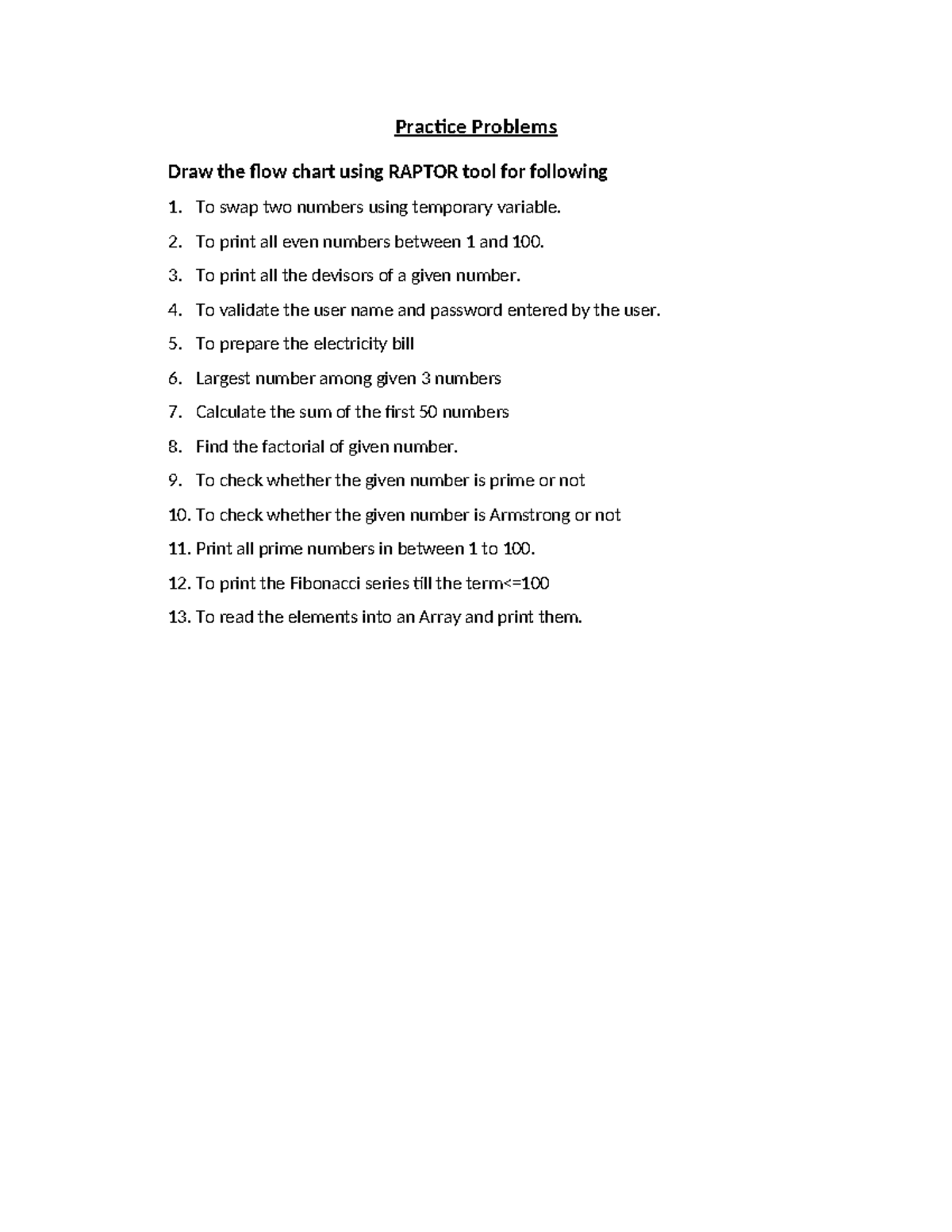 Raptor Flow Chart Practice Problems for CS101 - Studocu