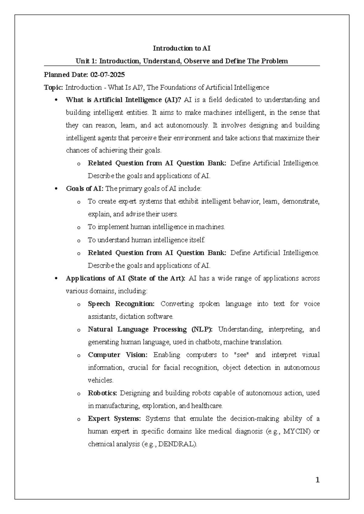 Unit 1 - Lecture Notes on AI: Introduction, Foundations, and ...